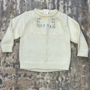 Vintage F.A.I. Acrylic Sweater Ribbon Embroidered Flowers 12 months